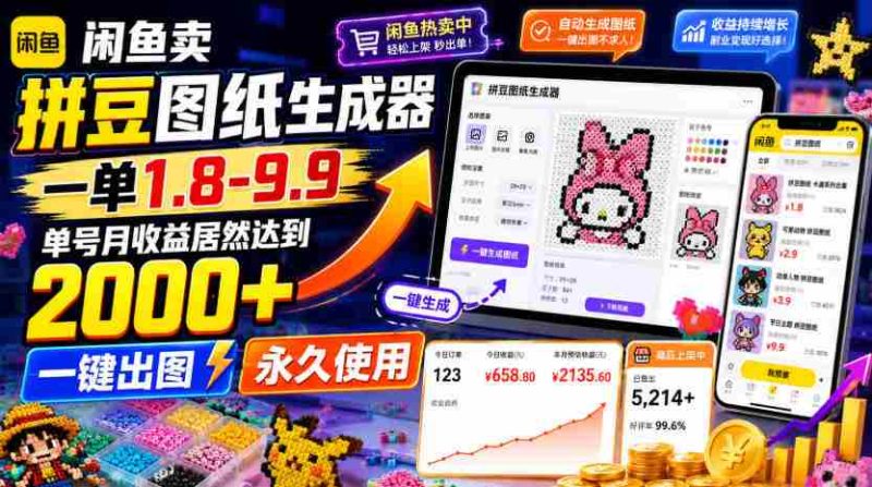 闲鱼卖拼豆图纸生成器,一单1.8-9.9,单号月收益居然达到2000+一键出图永久使用-有道网创