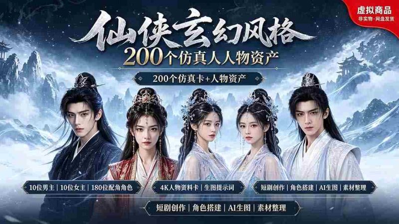(19301期)200个仙侠玄幻仿真人素材◆10男主×10女主×180配角,4K资料卡+AI生图提示词,漫剧必备-有道网创