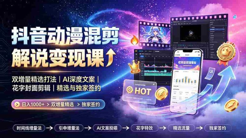 (19311期)抖音动漫混剪解说变现课:双增量精选打法|AI深度文案|花字封面剪辑| 精选与独家签约日入1000+-有道网创