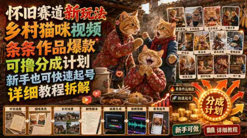 怀旧赛道新玩法,乡村猫咪视频,条条作品爆款,可撸分成计划,新手也可快速起号,详细教程拆解-有道网创