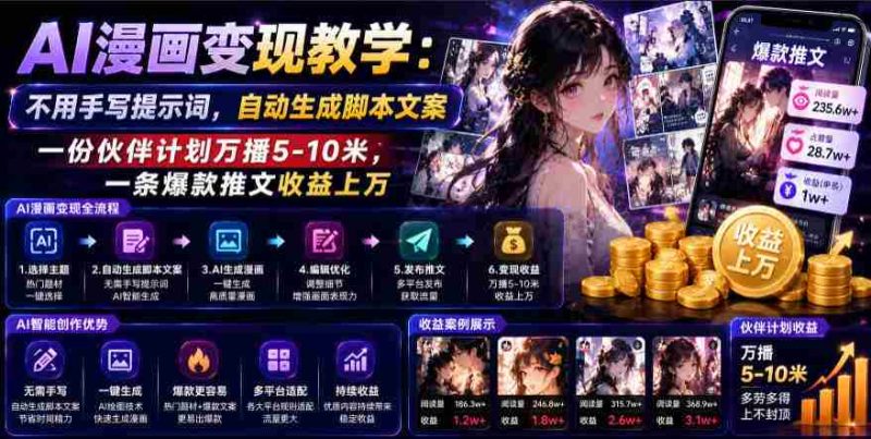 AI漫画变现教学:不用手写提示词,自动生成脚本文案,一份伙伴计划万播5-10米,一条爆款推文收益上W-有道网创