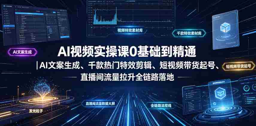 AI视频实操课0基础到精通|AI文案生成、千款热门特效剪辑、短视频带货起号、直播间流量拉升全链路落地
