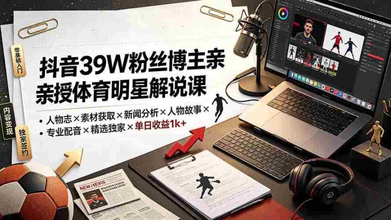 (19476期)抖音39W粉丝博主亲授体育明星解说课:人物志×素材获取×新闻分析×人物故事×专业配音×精选独家×单日收益1k+-有道网创