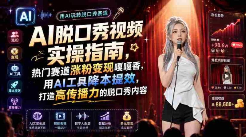AI脱口秀视频实操指南,热门赛道涨粉变现嘎嘎香,用AI工具降本提效,打造高传播力的脱口秀内容-有道网创