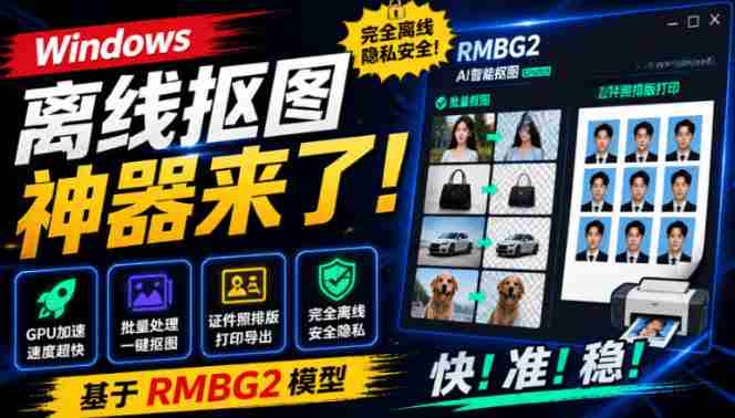Windows离线抠图神器来了!支持批量抠图+证件照排版打印,基于RMBG2模型,GPU加速方块AI抠图-有道网创