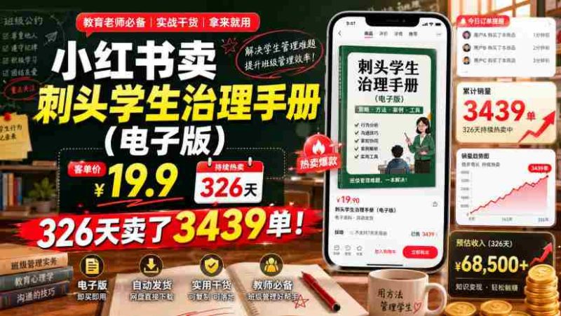 小红书卖刺头学生治理手册(电子版),客单价19.9,326天卖了3439单!-有道网创