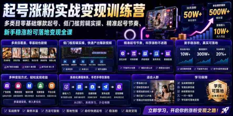 苗子起号涨粉实战变现训练营,多类目零基础爆款起号、精准起号节奏、新手稳涨粉可落地变现全课-有道网创