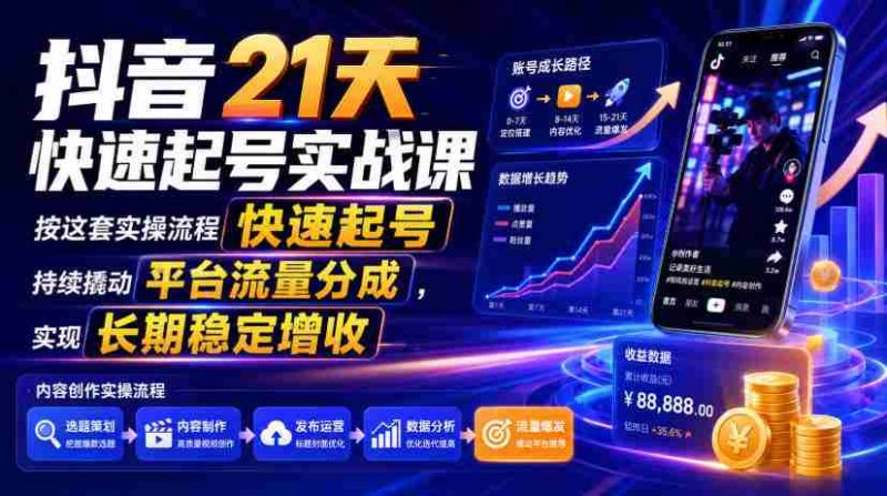 抖音21天快速起号实战课,按这套实操流程快速起号,持续撬动平台流量分成,实现长期稳定增收-有道网创