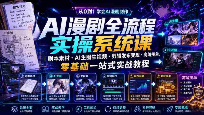 AI漫剧全流程实操系统课|剧本素材・AI生图生视频・剪辑发布变现・高阶接单,零基础一站式实战教程-有道网创