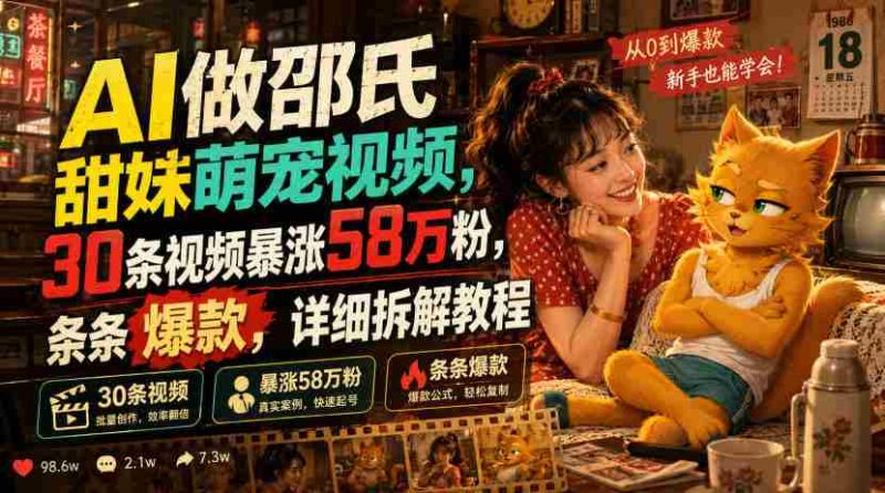 AI做邵氏甜妹萌宠视频,30条视频暴涨58万粉,条条爆款,详细拆解教程-有道网创