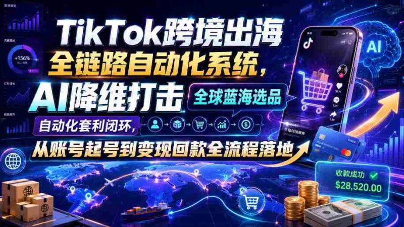 TikTok跨境出海全链路自动化系统,AI降维打击全球蓝海选品自动化套利闭环,从账号起号到变现回款全流程落地(2026年7月)-有道网创