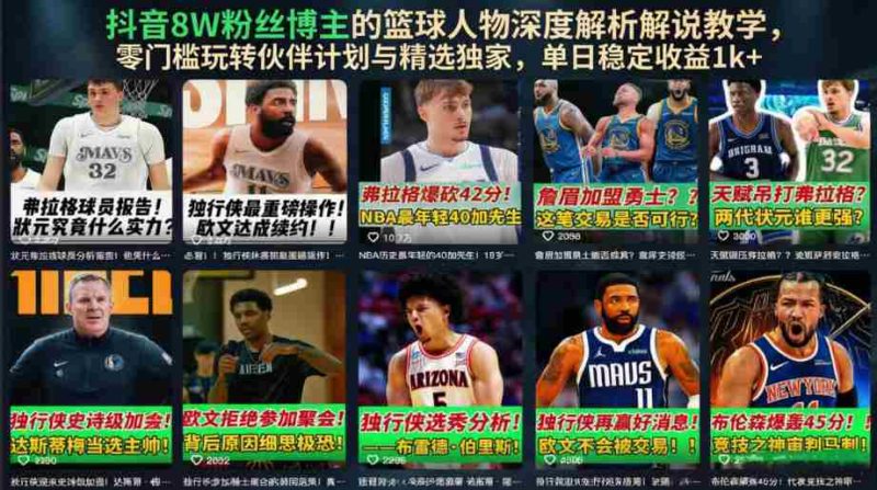 抖音8W粉丝博主的篮球人物深度解析解说教学,零门槛玩转伙伴计划与精选独家,单日稳定收益1k+-有道网创