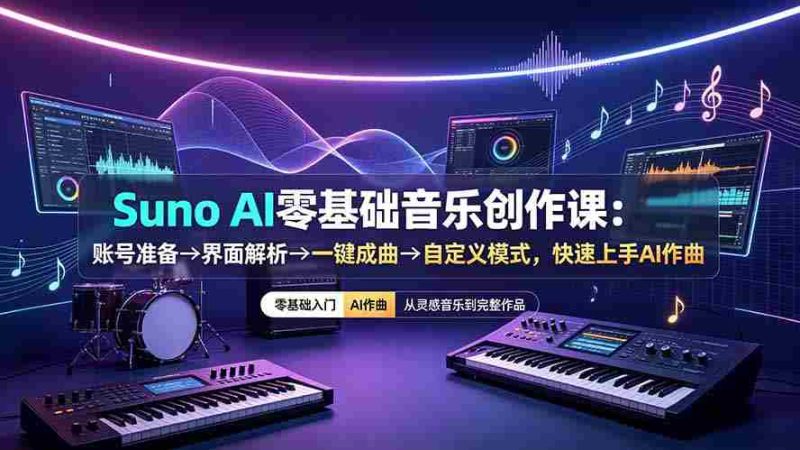 (19264期)Suno AI零基础音乐创作课:账号准备→界面解析→一键成曲→自定义模式,快速上手AI作曲-有道网创