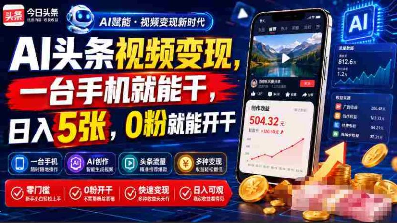 AI头条视频变现，一台手机就能干，日入5张，0粉就能开干-有道网创