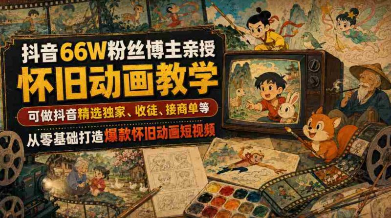 抖音66W粉丝博主亲授怀旧动画教学，可做抖音精选独家、收徒、接商单等，从零基础打造爆款怀旧动画短视频-有道网创