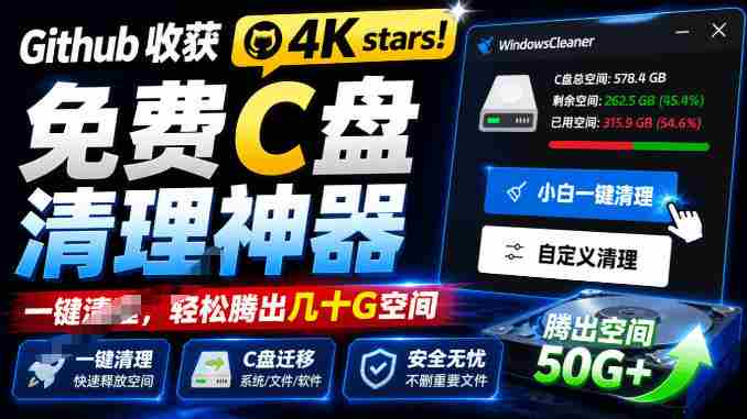 Github收获4K stars！免费C盘清理神器，轻松腾出几十G空间，支持C盘迁移Windows Cleaner-有道网创