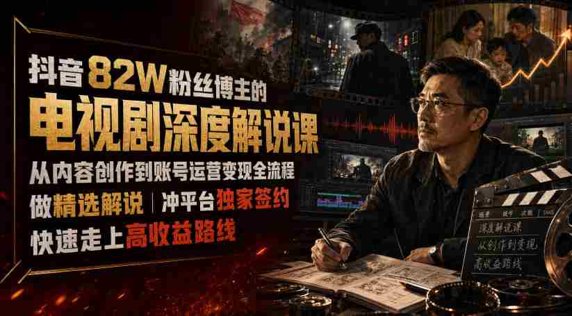 抖音82W粉丝博主的电视剧深度解说课，从内容创作到账号运营变现全流程，做精选解说，冲平台独家签约，快速走上高收益路线-有道网创