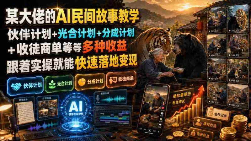 (19360期)某大佬的AI民间故事教学,伙伴计划+光合计划+分成计划+收徒商单等多种收益,跟着实操就能快速落地变现-有道网创