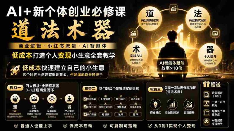 (19738期)AI+新个体创业必修课|道法术器|商业逻辑·小红书流量·AI智能体|低成本打造个人变现小生意全套教学-有道网创