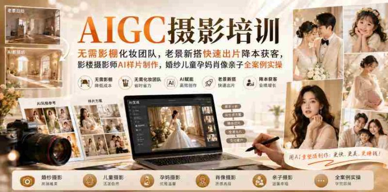 AIGC摄影培训|无需影棚化妆团队,老景新搭快速出片降本获客,影楼摄影师AI样片制作,婚纱儿童孕妈肖像亲子全案例实操-有道网创