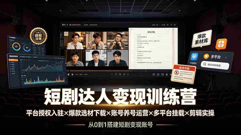 (19551期)短剧达人变现训练营:平台授权入驻×爆款选材下载×账号养号运营×多平台挂载×剪辑实操×违规处理全流程-有道网创