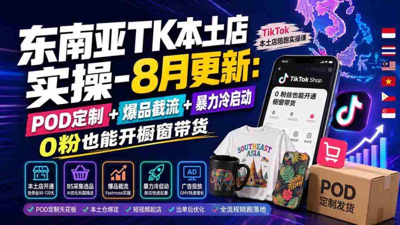 （19963期）东南亚TK本土店实操-8月更新：POD定制+爆品截流+暴力冷启动，0粉也能开橱窗带货-有道网创