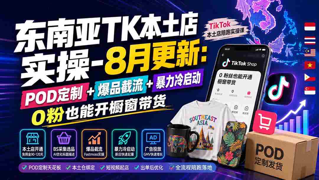 （19963期）东南亚TK本土店实操-8月更新：POD定制+爆品截流+暴力冷启动，0粉也能开橱窗带货-有道网创