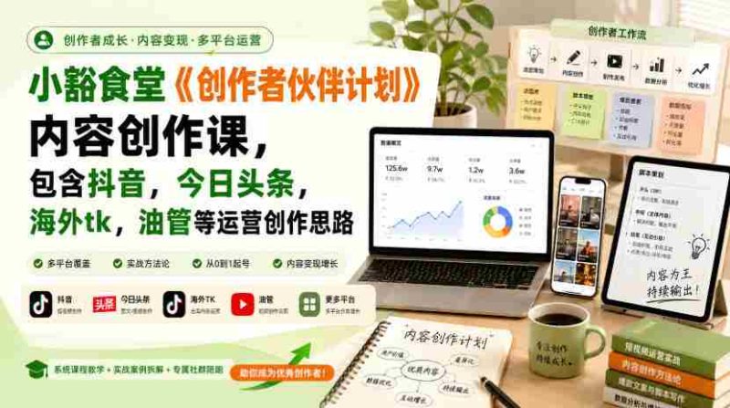 小豁食堂《创作者伙伴计划》内容创作课,包含抖音,今日头条,海外tk,油管等运营创作思路-有道网创