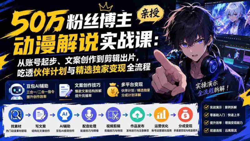 (20144期)50万粉丝博主亲授动漫解说实战课:从账号起步、文案创作到剪辑出片,吃透伙伴计划与精选独家变现全流程-有道网创