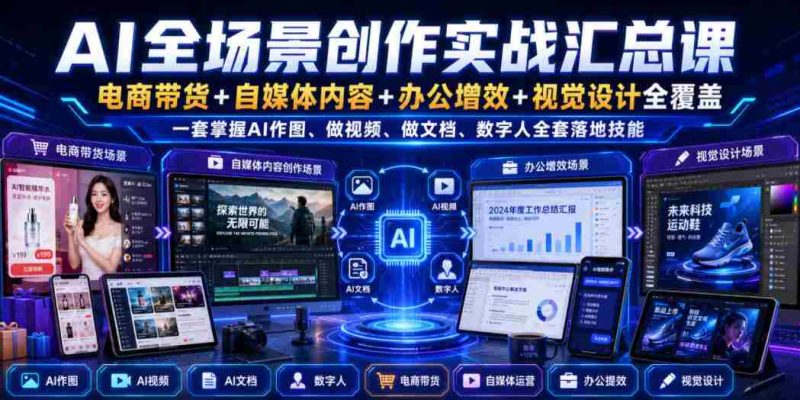 AI全场景创作实战汇总课|电商带货+自媒体内容+办公增效+视觉设计全覆盖,一套掌握AI作图、做视频、做文档、数字人全套落地技能-有道网创
