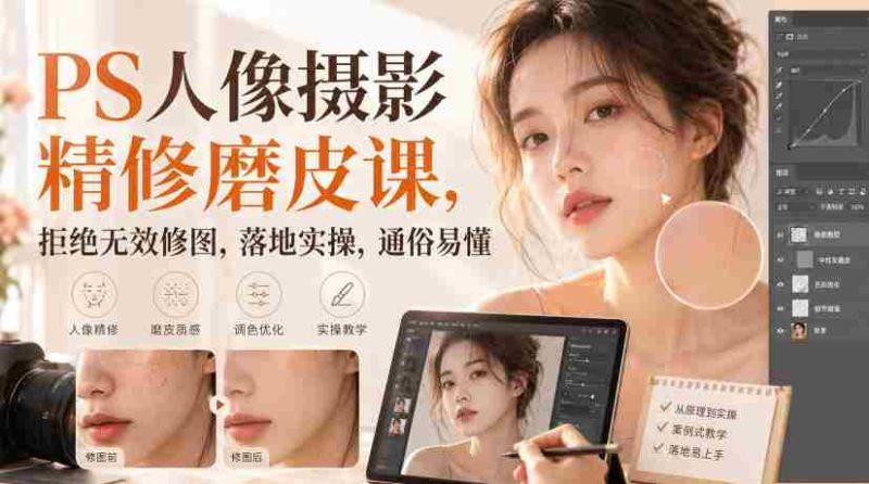 PS人像摄影精修磨皮课,拒绝无效修图,落地实操,通俗易懂-有道网创