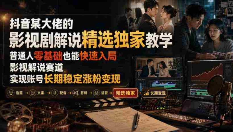 抖音某大佬的影视剧解说精选独家教学，普通人零基础也能快速入局影视解说赛道，实现账号长期稳定变现-有道网创