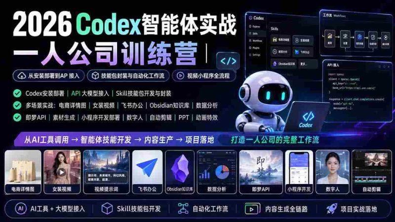 (19876期)2026Codex智能体实战|一人公司训练营|从安装部署到API接入|技能包封装与自动化工作流|视频小程序全流程-有道网创