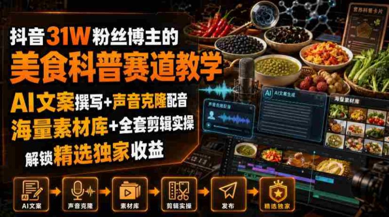 抖音31W粉丝博主的美食科普赛道教学,AI文案撰写+声音克隆配音+剪辑实操,解锁精选独家收益-有道网创