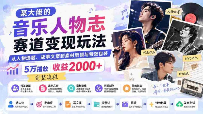 (20121期)某大佬的音乐人物志赛道变现玩法:从人物选题、故事文案到素材剪辑与特效包装,5万播放收益2000+完整流程-有道网创