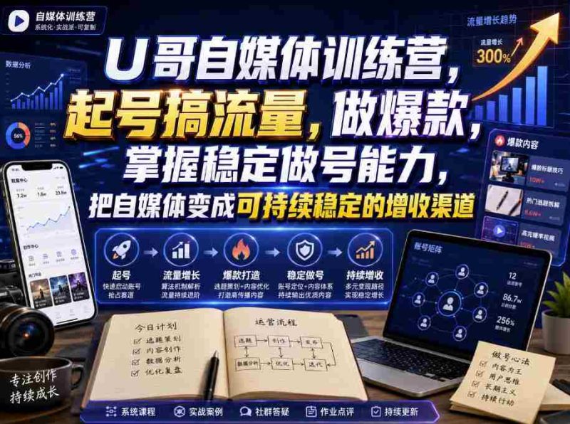 U哥自媒体训练营,起号搞流量,做爆款,掌握稳定做号能力,把自媒体变成可持续稳定的增收渠道-有道网创