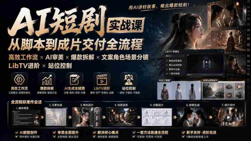 (19717期)AI短剧实战课:高效工作流×AI审美×爆款拆解×文案角色场景分镜×LibTV进阶×站位控制×从脚本到成片交付全流程-有道网创