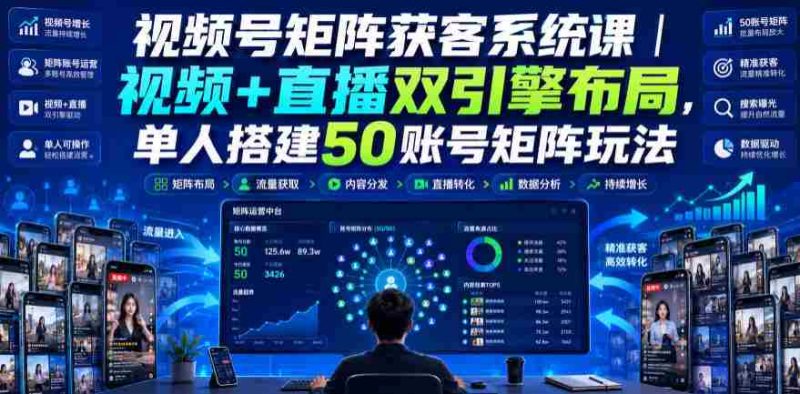 视频号矩阵获客系统课｜视频+直播双引擎布局，单人搭建50账号矩阵玩法，流量入池、搜索占位、全域引流沉淀私域全流程教学-有道网创