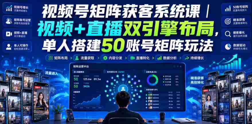 视频号矩阵获客系统课｜视频+直播双引擎布局，单人搭建50账号矩阵玩法，流量入池、搜索占位、全域引流沉淀私域全流程教学-有道网创