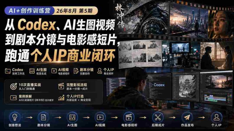 (20145期)AI+创作训练营26年8月第5期:从Codex、AI生图视频到剧本分镜与电影感短片,跑通个人IP商业闭环-有道网创