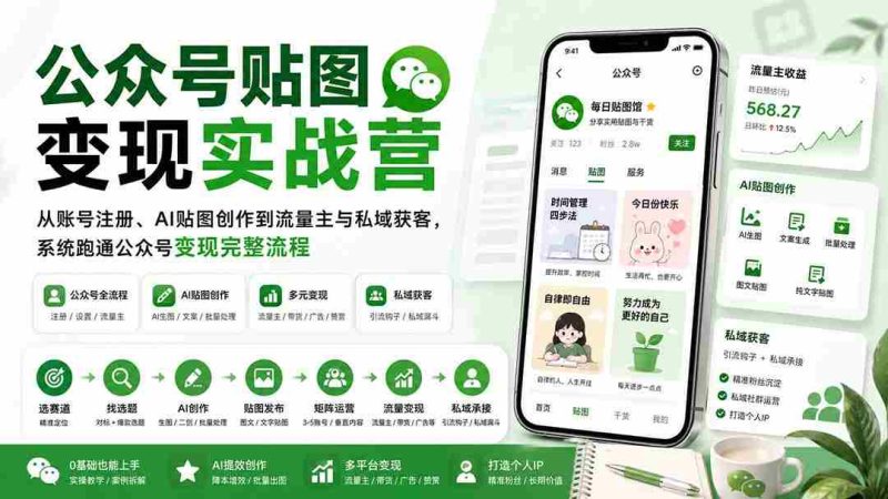 (20120期)公众号贴图变现实战营:从账号注册、AI贴图创作到流量主与私域获客,系统跑通公众号变现完整流程-有道网创