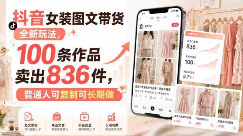 抖音女装图文带货全新玩法，100条作品卖出836件，普通人可复制可长期做-有道网创