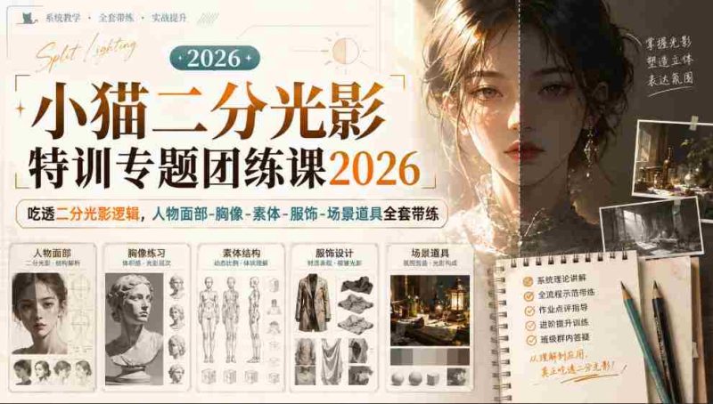 小猫二分光影特训专题团练课2026|吃透二分光影逻辑,人物面部‑胸像‑素体‑服饰‑场景道具全套带练,高清画质附赠课件与笔刷-有道网创