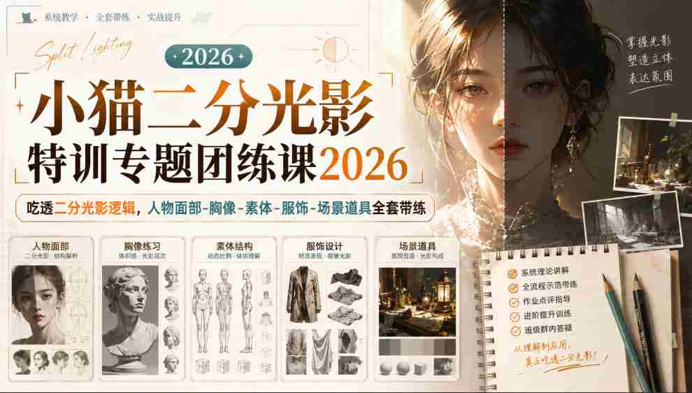 小猫二分光影特训专题团练课2026|吃透二分光影逻辑,人物面部‑胸像‑素体‑服饰‑场景道具全套带练,高清画质附赠课件与笔刷