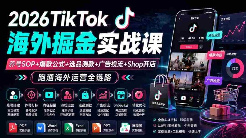 (19973期)2026TikTok海外掘金实战课——养号SOP+爆款公式+选品测款+广告投流+Shop开店,跑通海外运营全链路-有道网创