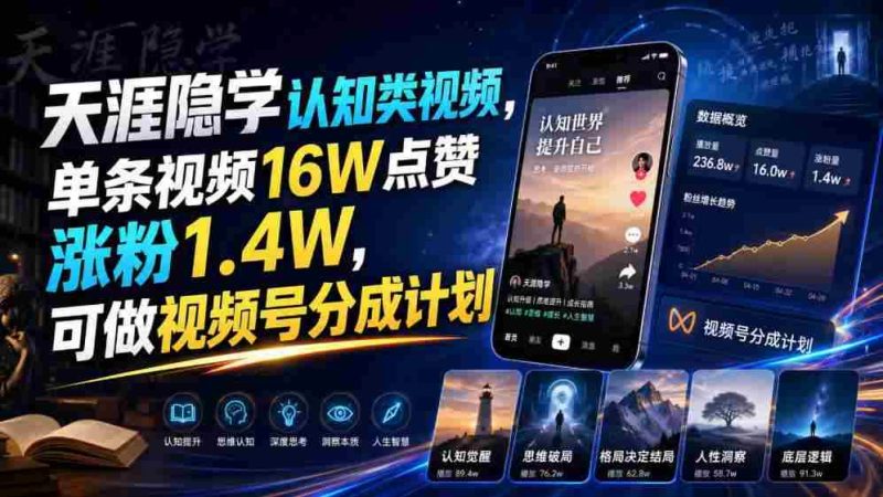 天涯隐学认知类视频，单条视频16W点赞涨粉1.4W，可做视频号分成计划-有道网创
