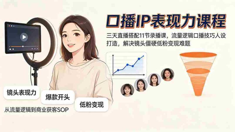 (19604期)口播IP表现力课程|三天直播搭配11节录播课,流量逻辑口播技巧人设打造,解决镜头僵硬低粉变现难题-有道网创