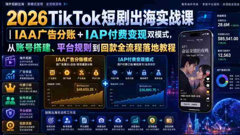 2026TikTok短剧出海实战课|IAA广告分账+IAP付费变现双模式,从账号搭建、平台规则到回款全流程落地教程-有道网创