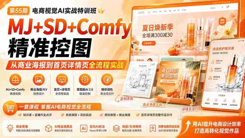 (20027期)电商视觉 AI实战训练营第55期:MJ+SD+Comfy精准控图,从商业海报到首页详情页全流程实战-有道网创