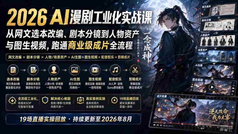 （20068期）2026 AI漫剧工业化实战课-更新：从网文选本改编、剧本分镜到人物资产与图生视频，跑通商业级成片全流程-有道网创